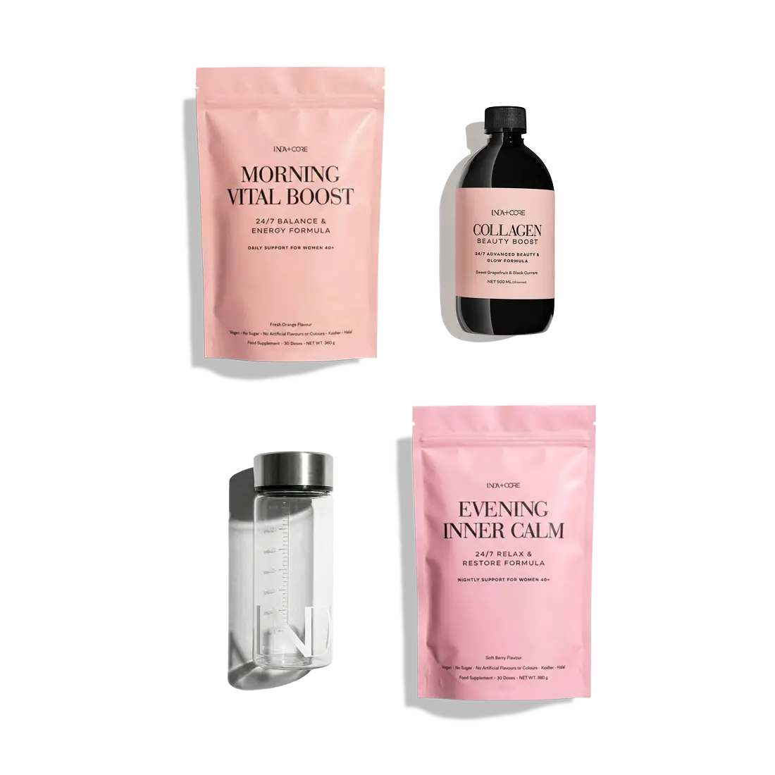 Posene med Morning Vital Boost og Evening Inner Calm, flasken med Collagen Beauty Boost og shakeren lagt ut på hvit bakgrunn