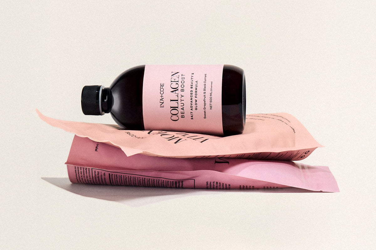 Collagen Beauty Boost liggende oppå posene med Morning Vital Boost og Evening Inner Calm