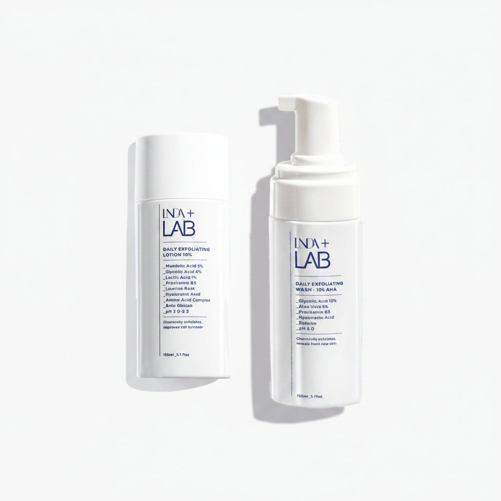 Two white skincare bottles from INA+ LAB on a clean white background with soft shadows. On the left is a cylindrical bottle labeled Daily Exfoliating Lotion 10% with a white pump dispenser bottle standing next to it.