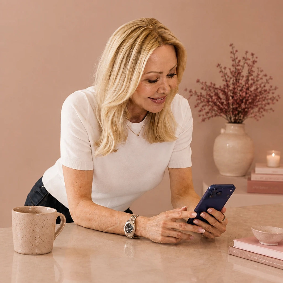 Linda Johansen ved kjøkkenbenken med en kopp og mobilen